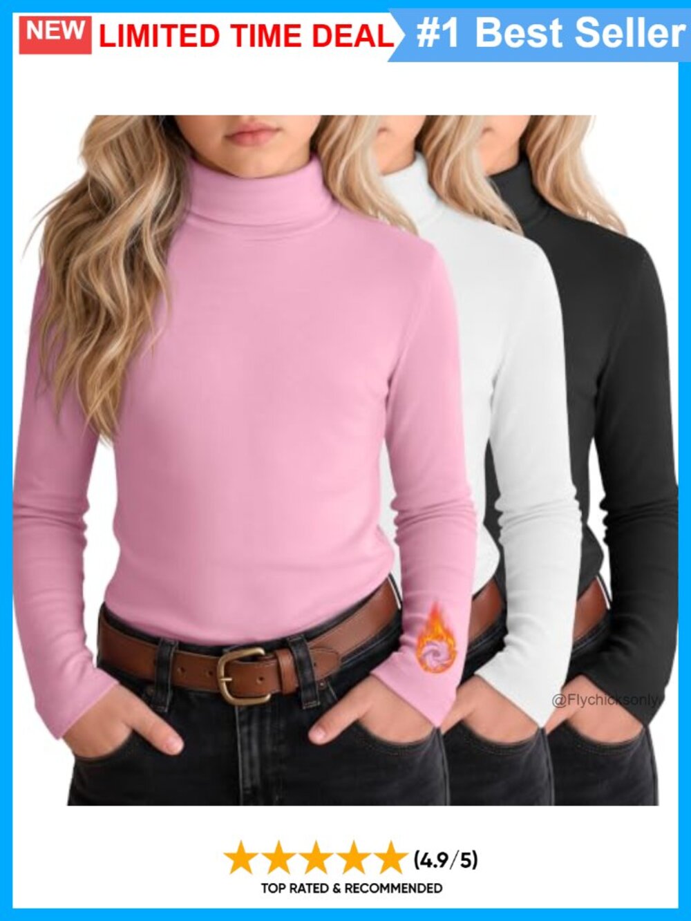 Girls Thermal Turtleneck Shirts 3 Pack Mock Neck Base Layer Long Sleeve